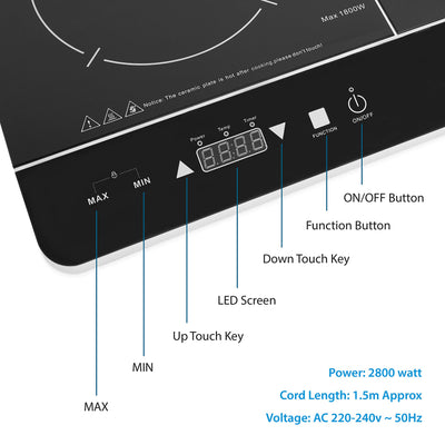 Digital Induction Hob Hot Plate with 10 Temperature Settings and Touch Control, Double, 2800 W, Black