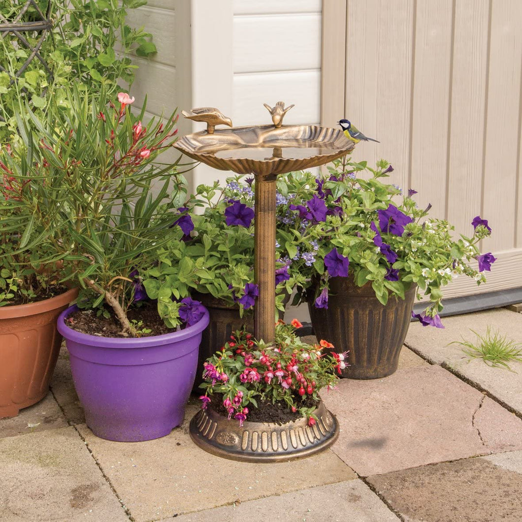 Bird Bath with Built-In Base Planter / Bronze Effect Clam Shell Design / Weatherproof Garden Feature / Easy To Assemble