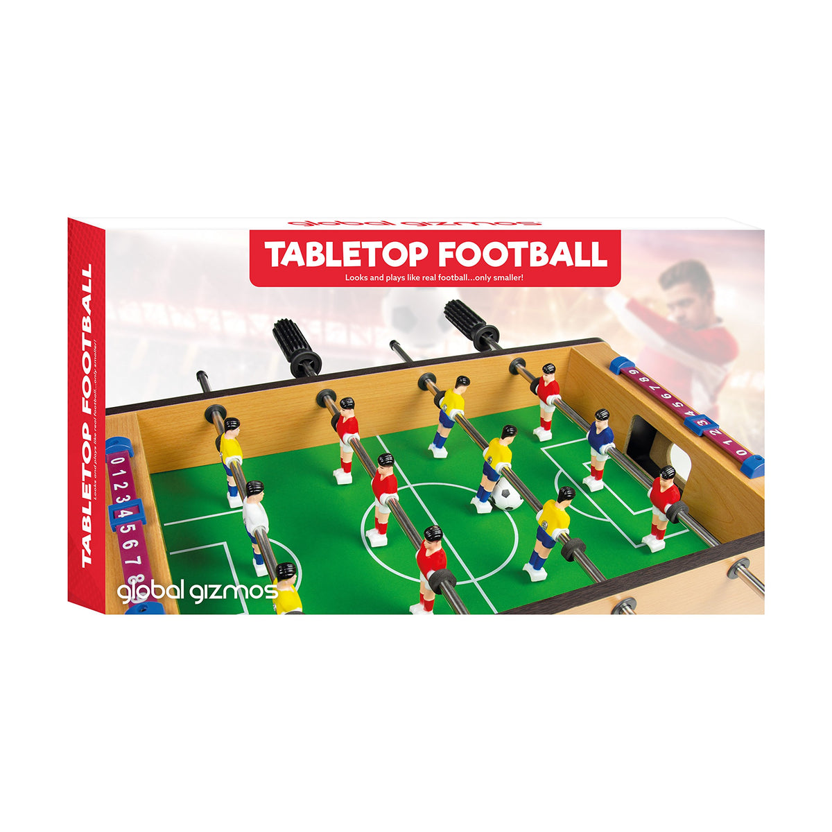 Compact table football game with two balls and scorers