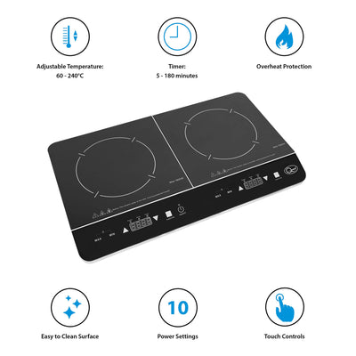 Digital Induction Hob Hot Plate with 10 Temperature Settings and Touch Control, Double, 2800 W, Black