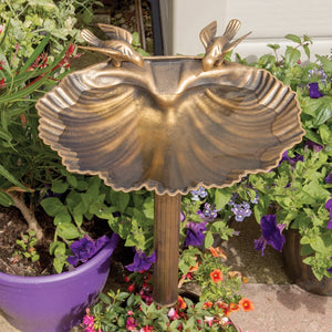 Bird Bath with Built-In Base Planter / Bronze Effect Clam Shell Design / Weatherproof Garden Feature / Easy To Assemble