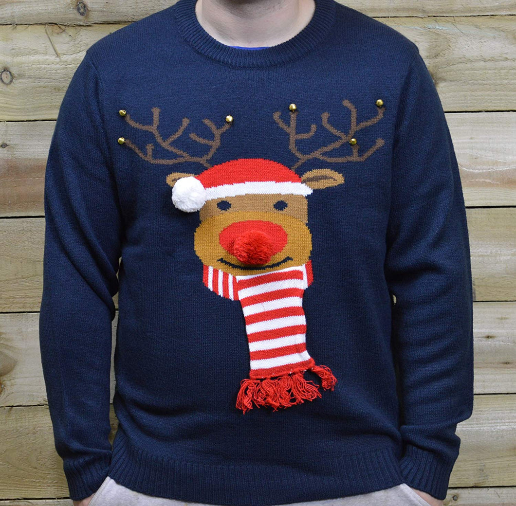 3D Knitted Christmas Jumper in Navy Reindeer - Small