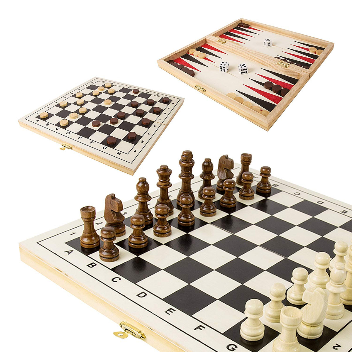 3-in-1 wooden chess, backgammon and draughts games compendium