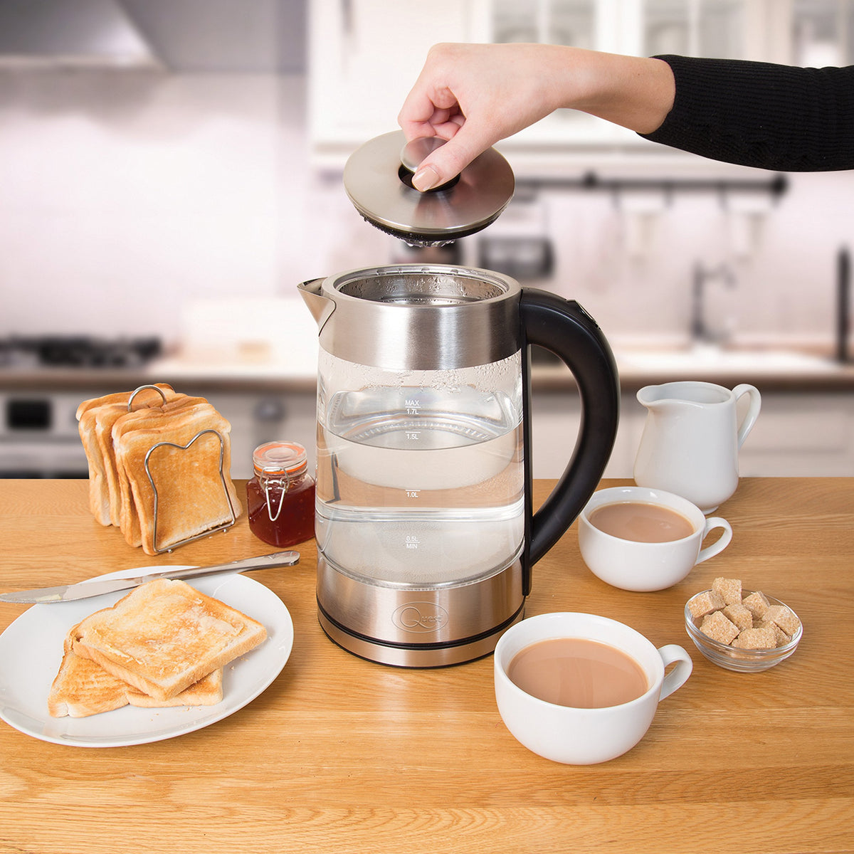 Quest 1.7L glass LED kettle with stainless steel trim