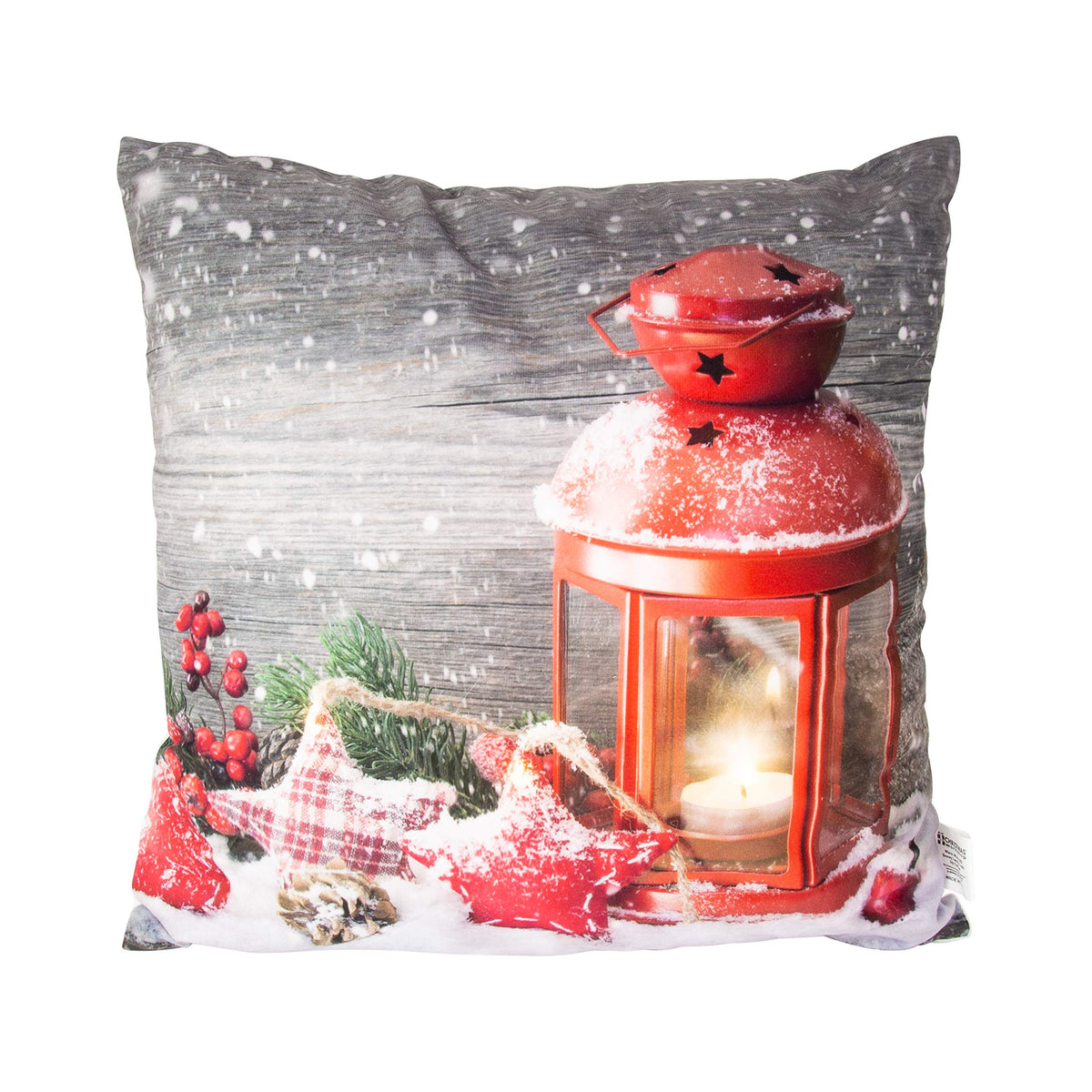 Snowy lantern cushion with three warm white LEDs