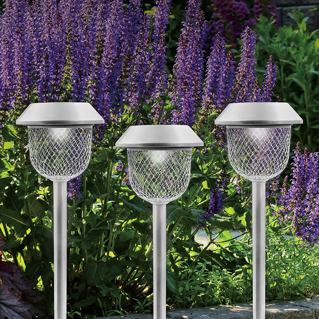 Solar Powered Garden Path Lights / Pack of 6 / Stainless Steel / Diamond Patterned Mesh Lampshade / Auto-On / 36CM Tall