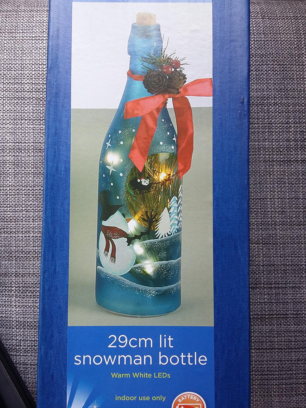 Premier 29cm LED Snowman Christmas bottle with warm white lights