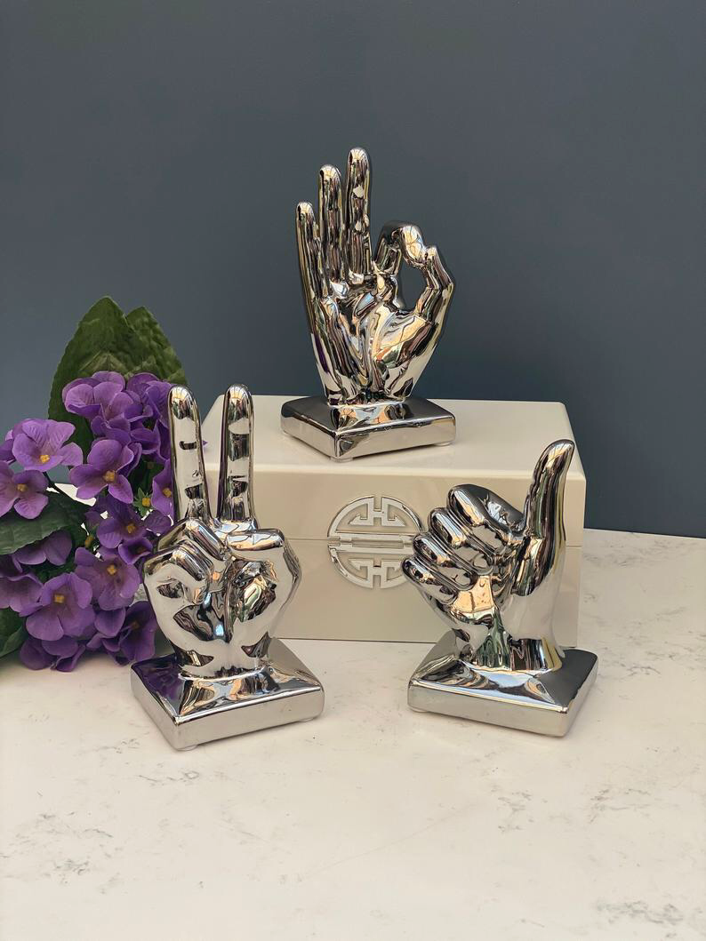 Set of Silver Hand Sculptures, Mirrored Victory Sculpture, Ok Hand