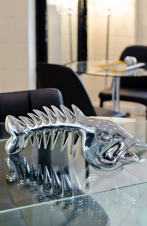 Silver ceramic skeletal fish sculpture
