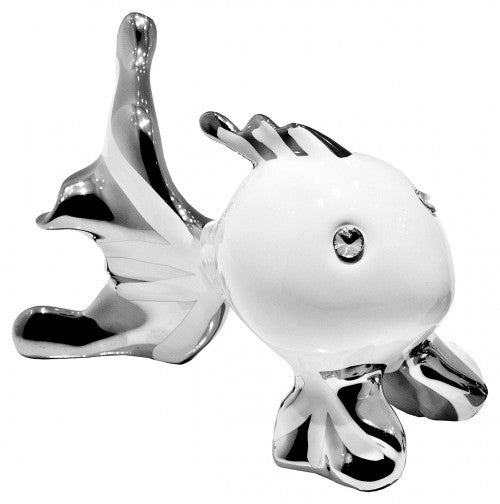 Small white and silver ceramic puffer fish ornament alternate view