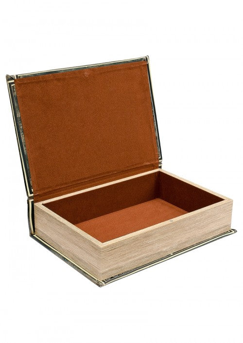 Open mirrored flower storage book box showing hidden compartment