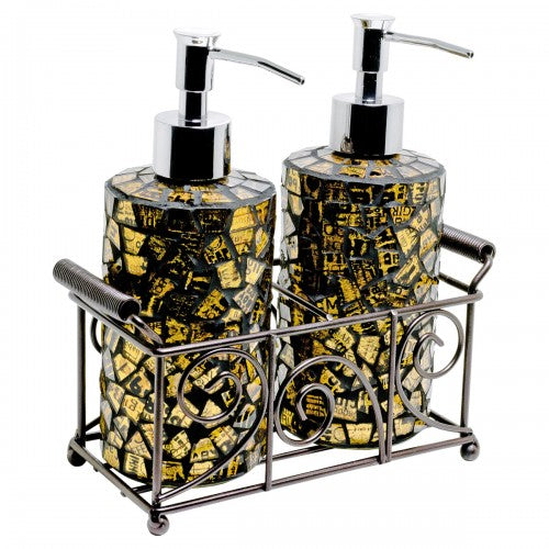 Set of two tall gold mosaic glass soap dispensers with metal basket